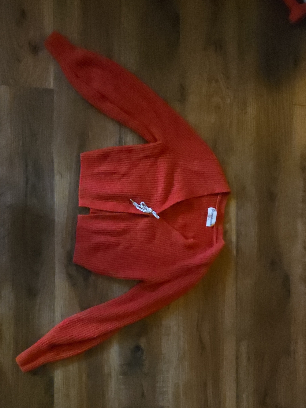 Cropped Red Rib-Knit Cardigan with Toggle Closure